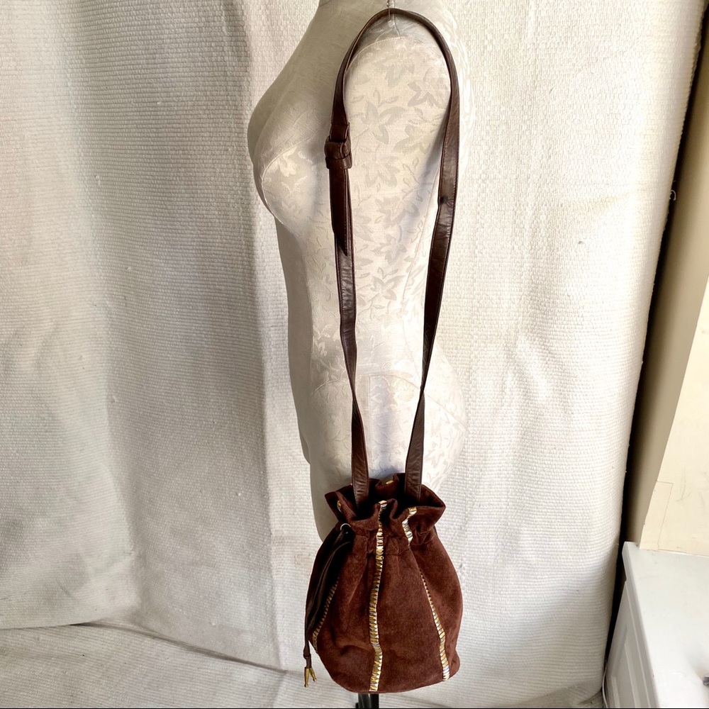 Vintage 70s Crossbody Suede Studs Bucket Bag Brown - Picture 8 of 8